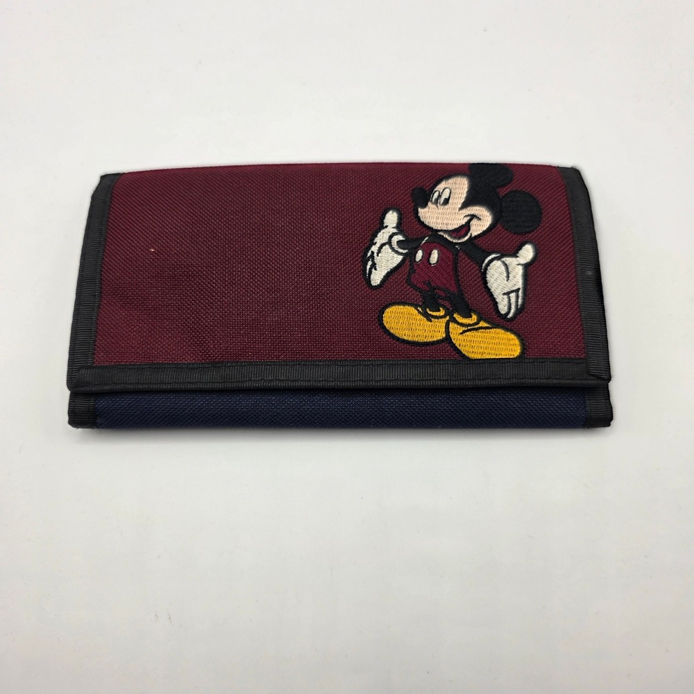 Vtg Disney Mickey‎ Mouse Trifold Nylon Wallet Maroon Navy Blue Embroidered Retro